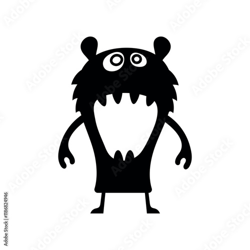 Vector cute, smiling monster, black and white silhouette. Playful, quirky design is perfect for fun, Halloween, or spooky projects, adding a cheerful touch to any illustration