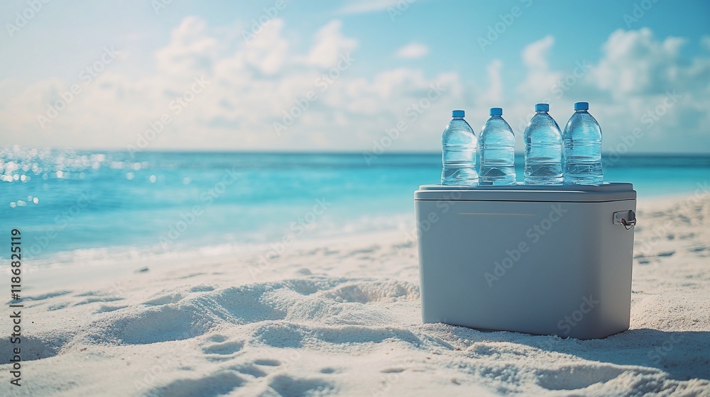 Naklejka premium Cool water bottles in cooler on beach.