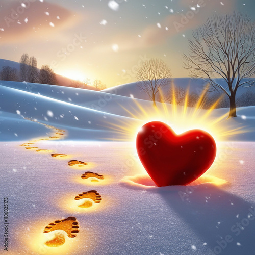 A snowcovered landscape with heartshaped footprints leading to a glowing red heart