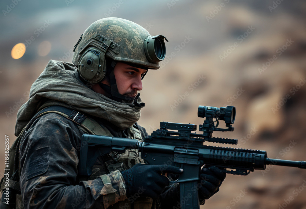 Modern soldier focuses intently while aiming a firearm in a combat environment amidst ongoing operations and challenges. Modern soldier focuses intently while aiming a firearm in a combat environment amidst ongoing operations and challenges.