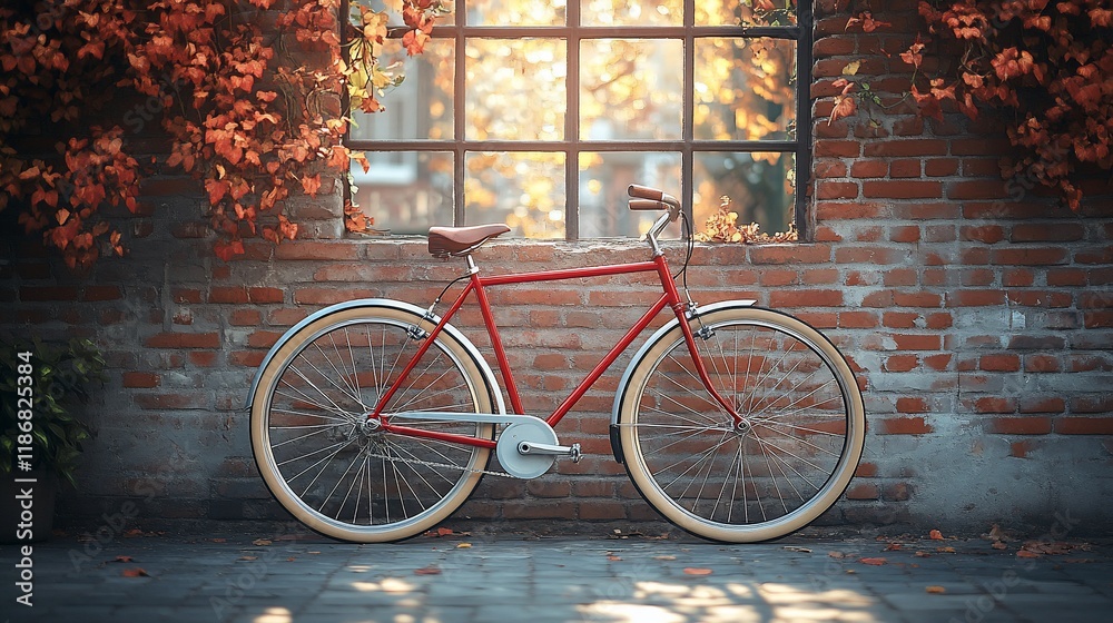 Fototapeta premium Red bicycle leans against brick wall autumn leaves