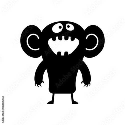 Vector cute, smiling monster, black and white silhouette. Playful, quirky design is perfect for fun, Halloween, or spooky projects, adding a cheerful touch to any illustration