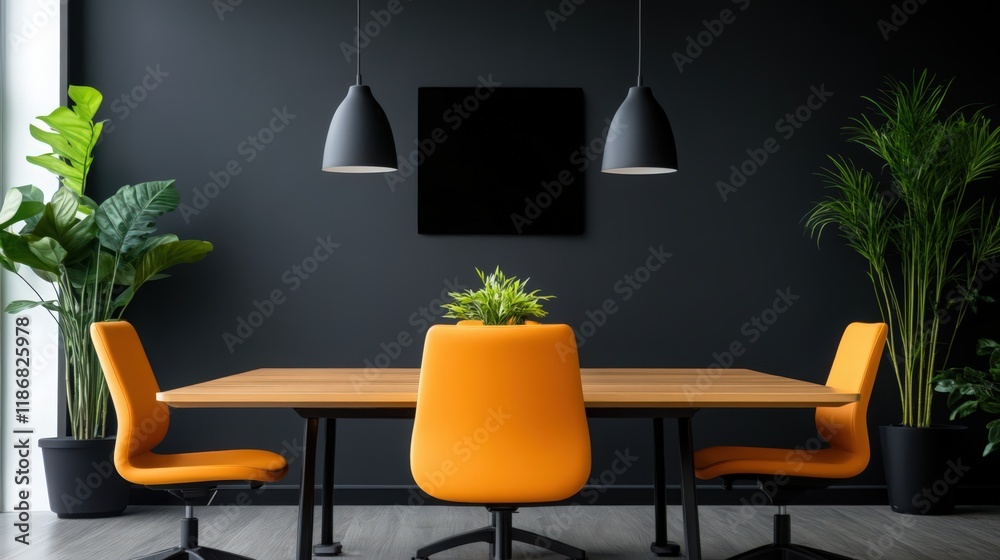 Fototapeta premium A black and white room with a large wooden table and orange chairs