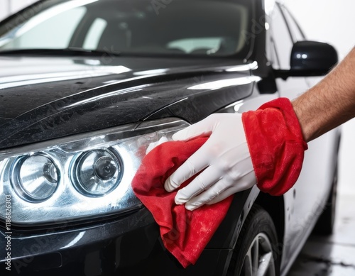  Hands wearing white glove wipe a black car headlight...Concept: Car wash, detail oriented, car cleaning