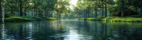 A serene forest landscape with a tranquil river reflecting the vibrant greenery, illuminated by soft sunlight filtering through the trees.