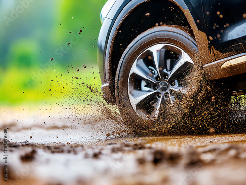 A close-up view of a car wheel driving through muddy terrain, splashing dirt and showcasing off-road power and adventure spirit.