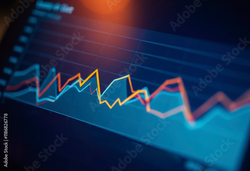 A digital chart displays an upward trend in financial data, contrasting yellow and blue lines against a blurred background of lights.