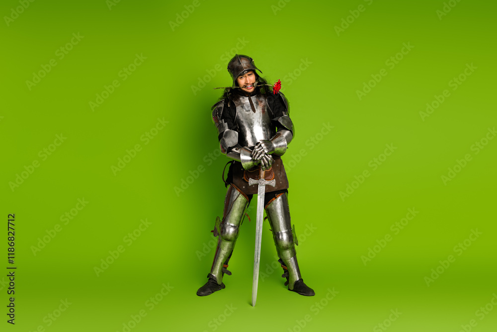 Medieval knight in steel armor posing with a sword on a green background Medieval knight in steel armor posing with a sword on a green background