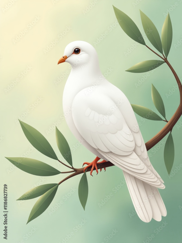 A White Dove Perches Calmly On A Green Olive Branch Amidst A Soft Pastel Background With Ample Copy Space. 00003 A White Dove Perches Calmly On A Green Olive Branch Amidst A Soft Pastel Background With Ample Copy Space. 00003