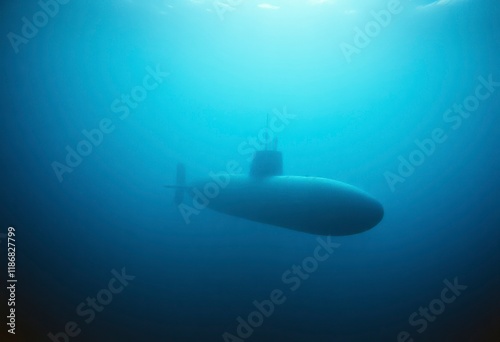 A submarine floats on the water surface in the vast ocean, surrounded by sunlight and gentle waves on a clear day.
