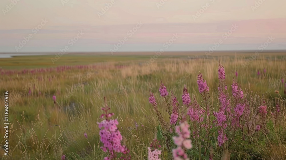 Obraz premium Pink wildflowers bloom in a vast, grassy field at sunset, overlooking a calm body of water.