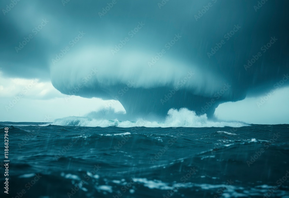 Obraz premium A powerful tornado is seen spiraling down from dark storm clouds above the ocean, unleashing heavy rain and churning the waves.
