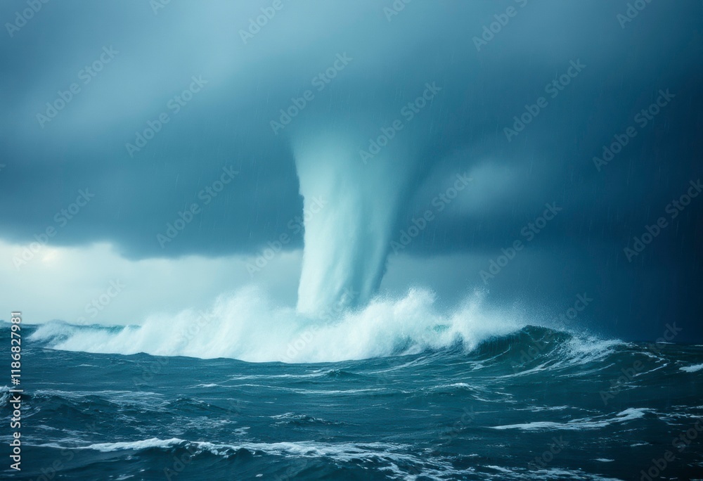 Naklejka premium A powerful tornado is seen spiraling down from dark storm clouds above the ocean, unleashing heavy rain and churning the waves.