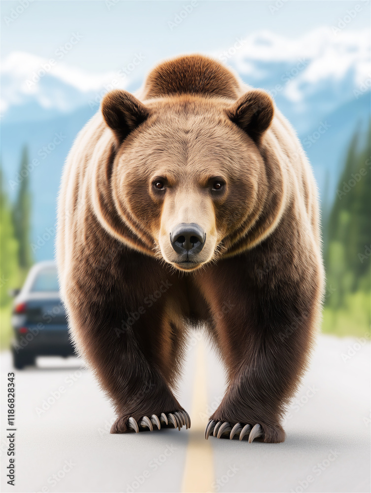Obraz premium A massive brown bear stands majestically in a scenic outdoor setting with mountains and clear skies, emphasizing strength, nature, and wilderness.