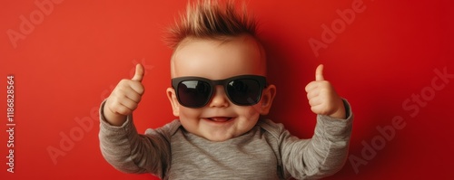 Mohawked infant sporting dark shades and giving double thumbs-up against vibrant crimson backdrop photo