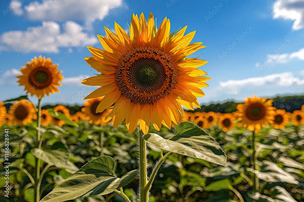 Fototapeta premium Blooming Sunflower Field Under Bright Blue Sky