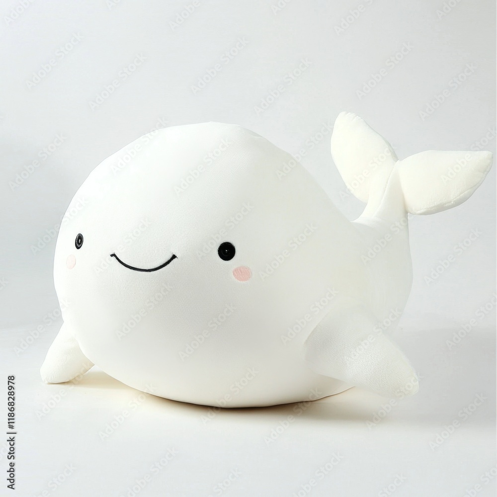 Cute white plush whale with round body shape, soft texture, and smile expression on white background, doll-like style. Cute white plush whale with round body shape, soft texture, and smile expression on white background, doll-like style.