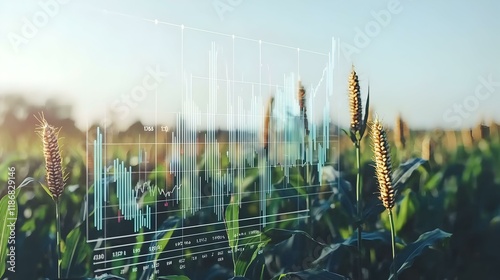 Stock market graph overlayed on a field of corn, representing agricultural commodities trading.