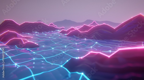 Retro futuristic landscape with glowing neon lines and digital grid.