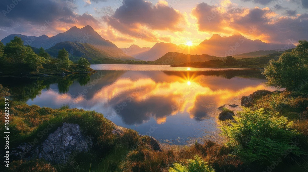 Dawn at tranquil lake with mountain peaks and warm sky Dawn at tranquil lake with mountain peaks and warm sky