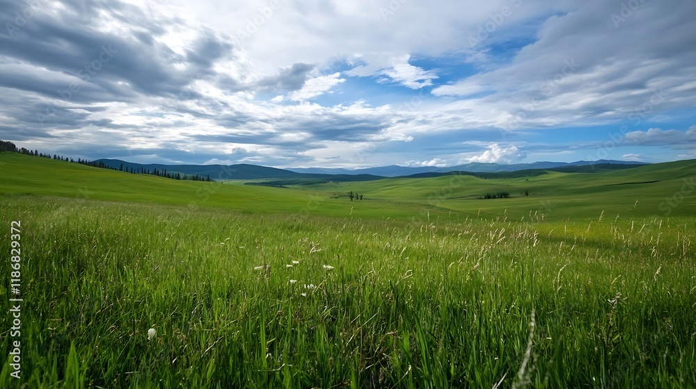 A vast expanse of lush green fields rolling under a dramatic cloudy sky in an idyllic countryside landscape : Generative AI A vast expanse of lush green fields rolling under a dramatic cloudy sky in an idyllic countryside landscape : Generative AI