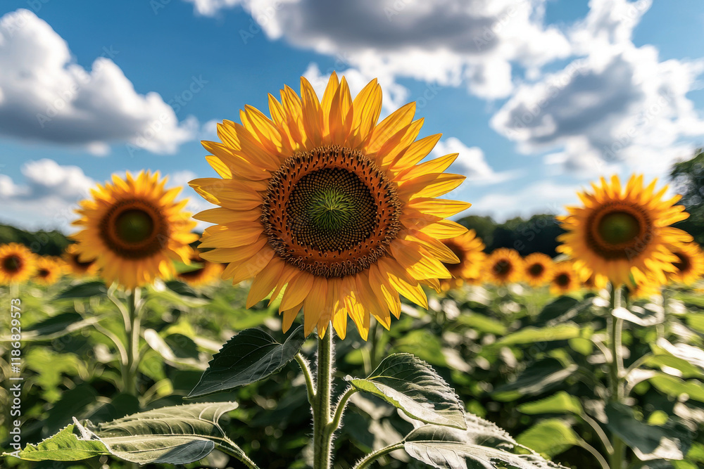 Obraz premium Blooming Sunflower Field Under Bright Blue Sky