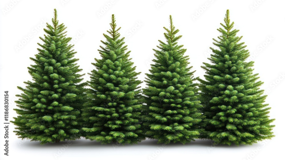 Four green trees arranged in a row, isolated against a white background. Four green trees arranged in a row, isolated against a white background.