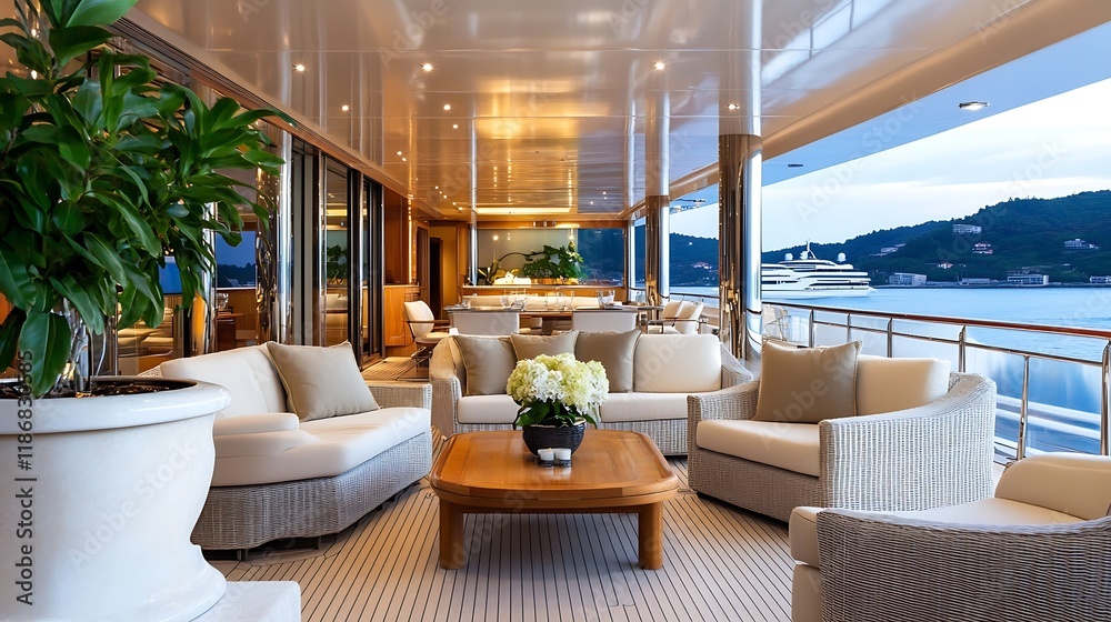 Fototapeta premium Luxurious Outdoor Lounge on Yacht with Rich Wooden Deck and Scenic Ocean Views : Generative AI