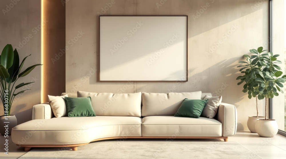 Fototapeta premium sunlit minimalist living room with sectional sofa blank canvas