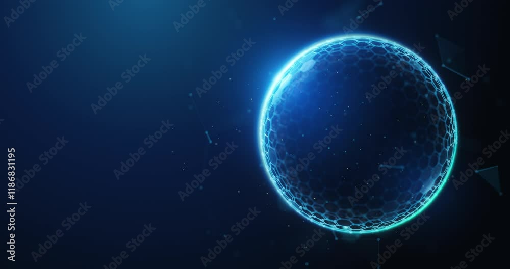 Abstract looped animation of low poly protection sphere shield barrier. Security; privacy; safety technology futuristic animated motion graphics asset by hexagonal wireframe mesh on blue background