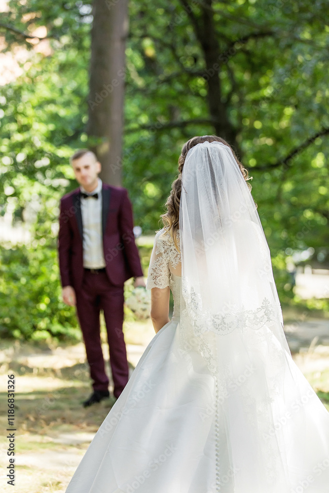 A bride and groom are standing in a forest, with the bride wearing a white veil. The bride is looking at the groom, and the groom is looking at her. The scene is romantic and intimate A bride and groom are standing in a forest, with the bride wearing a white veil. The bride is looking at the groom, and the groom is looking at her. The scene is romantic and intimate