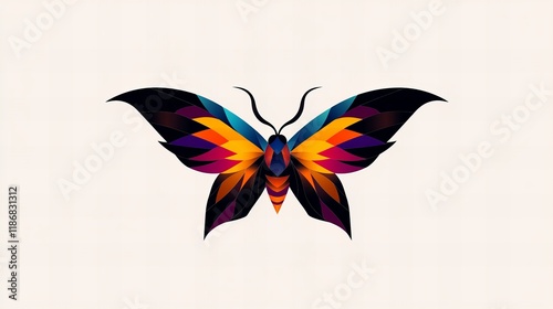 Vibrant geometric moth design. Bold colors and sharp lines create a striking visual.