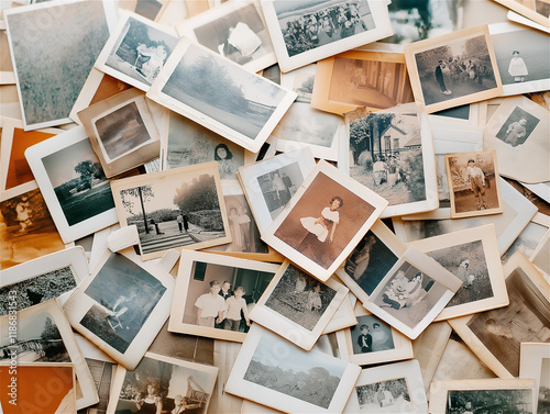 A nostalgic pile of vintage polaroid photographs spread across a wooden surface, evoking memories and timeless moments from the past.