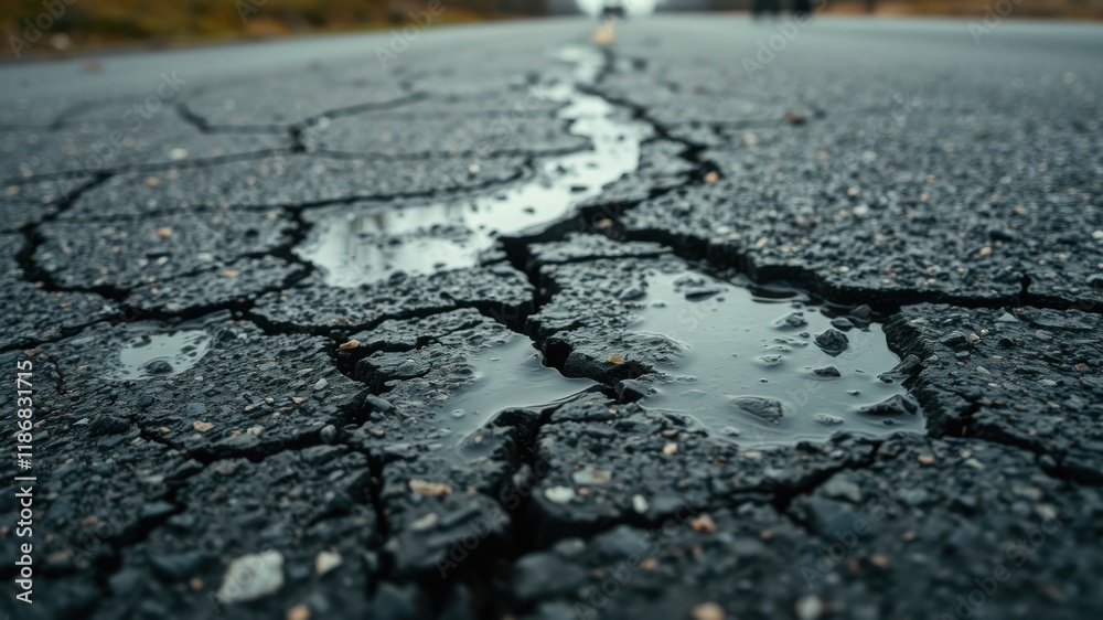 Obraz premium A closeup of a crack in asphalt filled with rainwater, revealing the rough texture of the road surface.