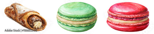 Colorful macarons, delicious pastries, watercolor illustration, dessert art, sweet treats, gourmet food, vibrant colors.