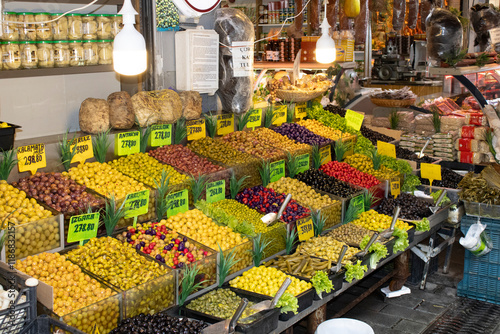 variety of different Olives in the market in Kadikoy, Istanbul Turkey