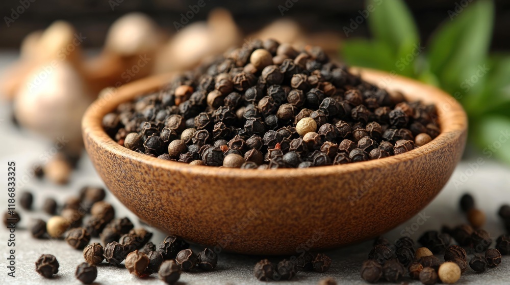 Aromatic Black Peppercorns in Wooden Bowl Aromatic Black Peppercorns in Wooden Bowl