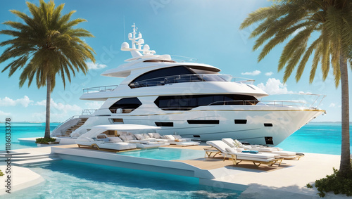 A white yacht rests near a beach with palm trees, next to a pool and lounge chairs. The image is part of a set of illustrations, generated using AI, available on Adobe Stock.