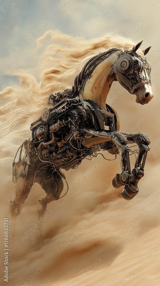 Obraz premium Mechanical horse with exposed gears and pistons galloping in desert, kicking up sand and dust