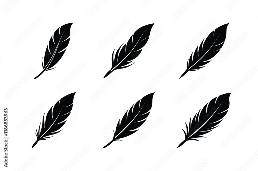 set of Feather Icon Silhouette on White Background set of Feather Icon Silhouette on White Background