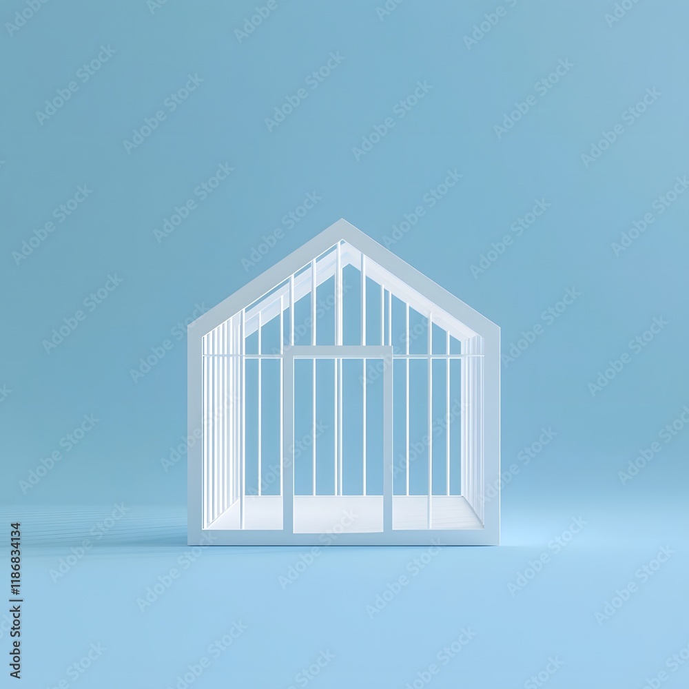 Fototapeta premium Minimalist House Shaped Cage Rendered in 3D on Blue Background