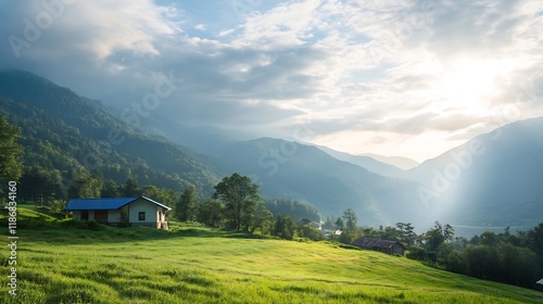 Tranquil Mountain Valley Landscape with Sunlit Meadows and Rustic Cottage : Generative AI