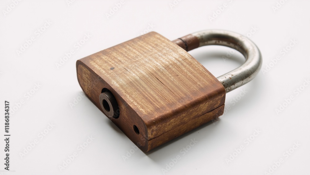 Rusty padlock against white backdrop symbolizing safety and privacy Rusty padlock against white backdrop symbolizing safety and privacy