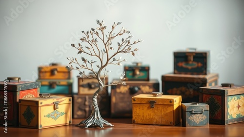 A silver-plated tree sculpture stands tall amidst an array of intricately decorated wooden boxes, showcasing an artful blend of nature and craftsmanship.
