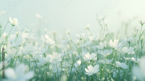 Springtime field with white flowers in bloom.