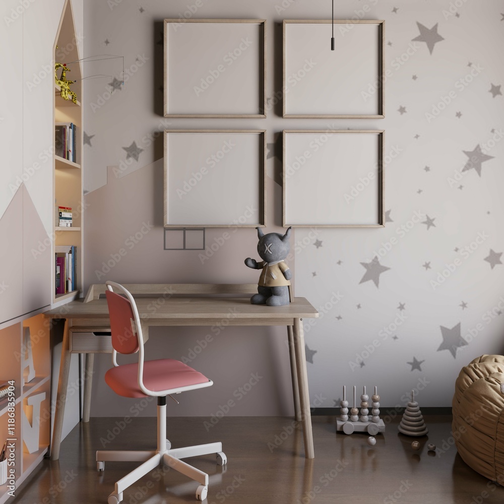 cute kids bedroom with desk and empty four closeup poster framed on the wall. 3d rendering cute kids bedroom with desk and empty four closeup poster framed on the wall. 3d rendering
