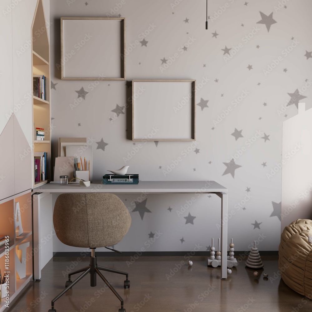 cute kids bedroom with desk and empty two poster framed on the wall. 3d rendering cute kids bedroom with desk and empty two poster framed on the wall. 3d rendering