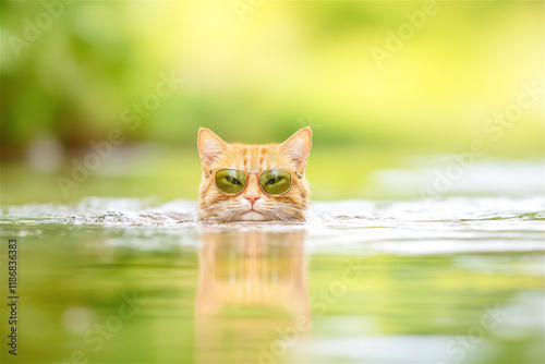 An orange tabby cat swims gracefully in a serene green pond, surrounded by nature, highlighting its adventurous and playful personality. photo