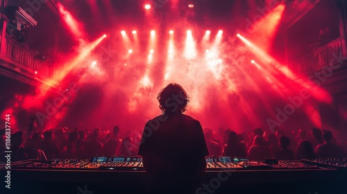 A music producer stands at the mixing console, focused on delivering an electrifying performance.