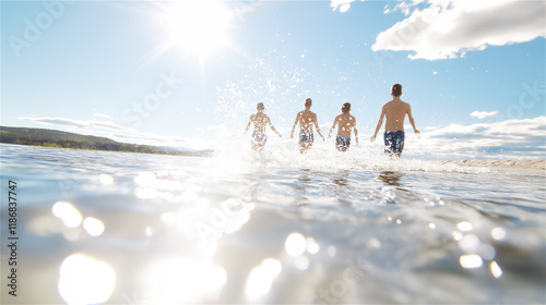 Family running joyfully into the ocean waves on a bright sunny day, symbolizing fun, togetherness, and summer vacations. Ideal for family-focused themes. photo